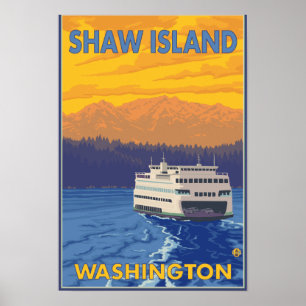 Ferry and Mountains - Shaw Island, Washington Poster