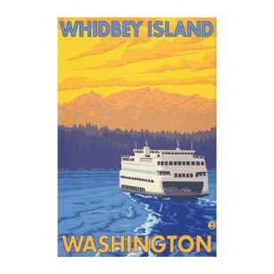 Ferry and Mountains - Whidbey Island, Washington Canvas Print