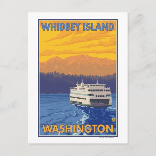 Ferry and Mountains _ Whidbey Island Washington Postcard