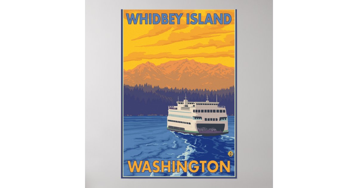 Ferry And Mountains Whidbey Island Washington Poster