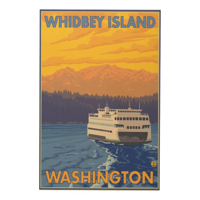 Ferry and Mountains - Whidbey Island, Washington Wood Wall Art (Front)