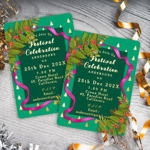 Festival Celebration Christmas Green Foil Invitation