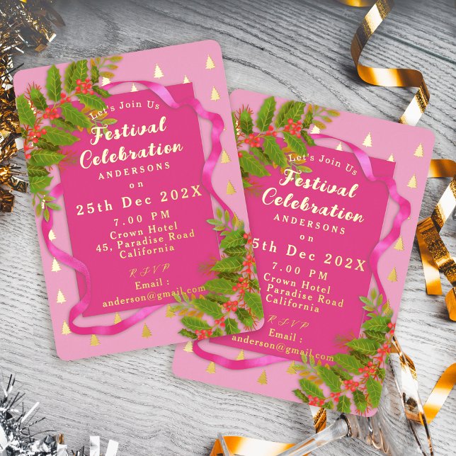 Festival Celebration Christmas Pink  Foil Invitation (Festival Celebration Christmas Pink  Foil Invitation)