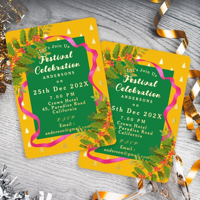 Festival Celebration Christmas Yellow Green Foil Invitation (Festival Celebration Christmas Yellow Green Foil Invitation)