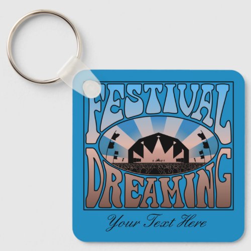 Festival Dreaming Vintage Retro Blue_Brown on teal Keychain