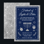 Festival of Lights & Bites Hanukkah Party Invitation<br><div class="desc">Celebrate Hanukkah in style with this beautifully designed "Festive of Lights & Bites" invitation. Featuring a rich navy background, shimmering silver faux glitter border, and festive accents including a menorah, dreidel, wine glass and Stars of David, this invitation sets the tone for a joyful evening of treats, games and glowing...</div>