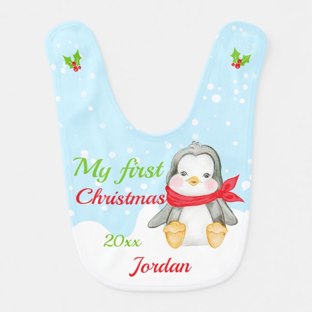 Festive 1st Christmas Baby Penguin  Baby Bib (Front)