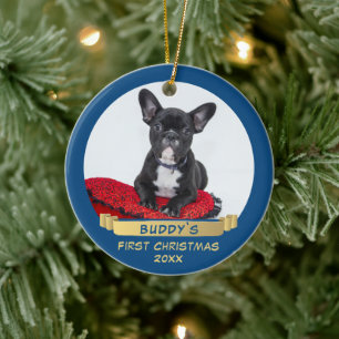 Festive 1st Christmas Ribbon Blue Puppy Pet Photo Ceramic Ornament