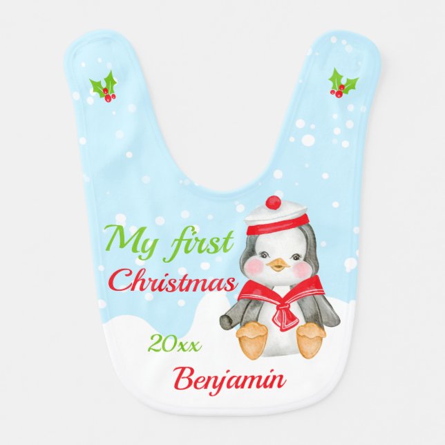 Festive 1st Christmas sailor penguin boy Baby Bib (Front)