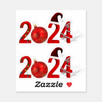 Festive 2024 Red Merry Christmas New Year Sticker by SorayaShanCollection at Zazzle