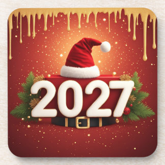 Festive 2027 New Year Design | Red Gold Christmas  Beverage Coaster