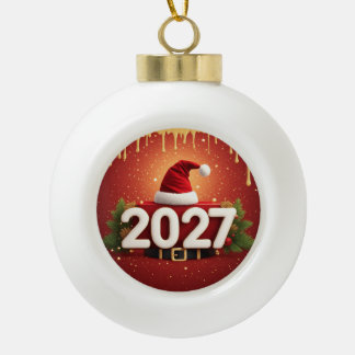 Festive 2027 New Year Design | Red Gold Christmas  Ceramic Ball Christmas Ornament