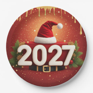 Festive 2027 New Year Design | Red Gold Christmas  Paper Plates
