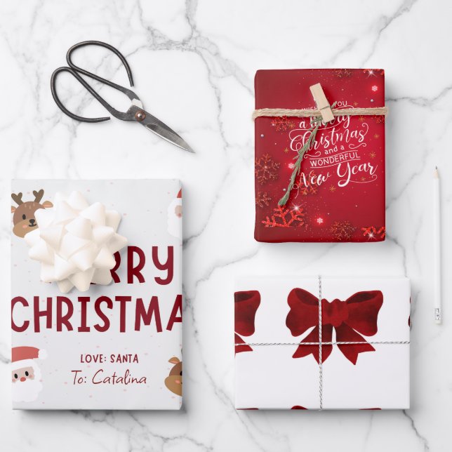Festive 3-Pack Christmas Gift Wrap: Personalized & Wrapping Paper Sheets (Front)