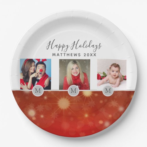 Festive 3 x PHOTO Collage Christmas Red Gold Paper Plates