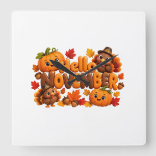 Festive 3D Hello November Thanksgiving Turkey Square Wall Clock