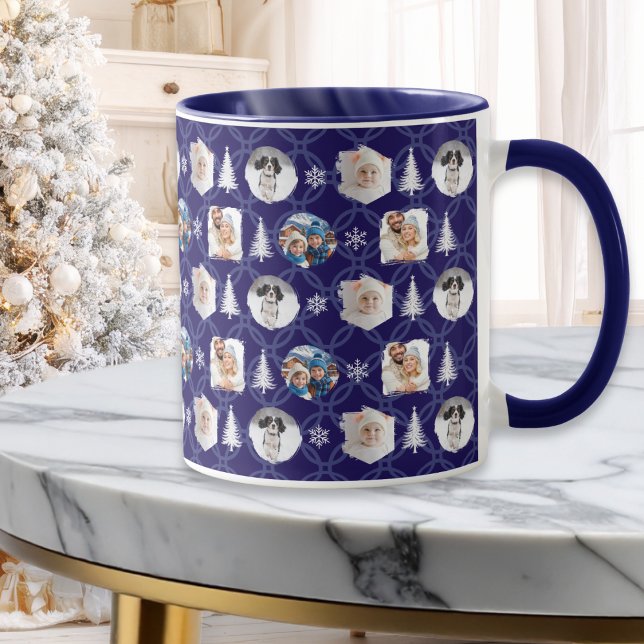 Festive 4 Photo Collage Navy Blue Christmas Mug (A stylish dark blue mug with a collage of 4 custom photos, along with snowflakes and Christmas trees)
