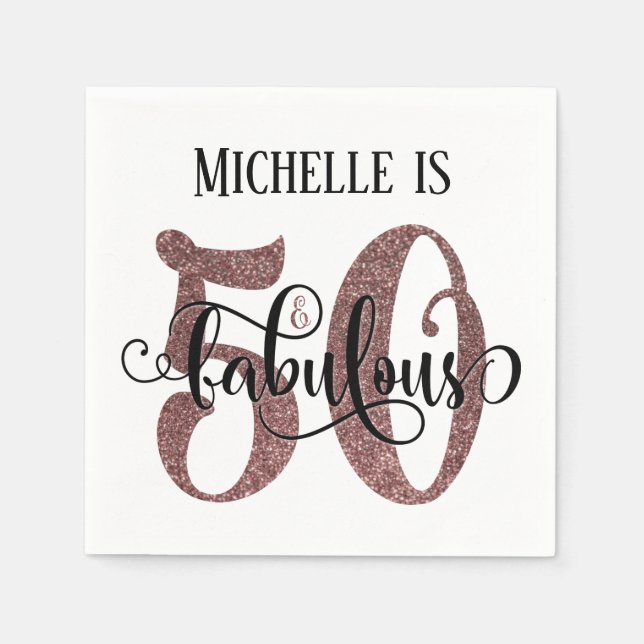 Festive 50 & Fabulous Rose Gold Glitter Birthday Napkins (Front)