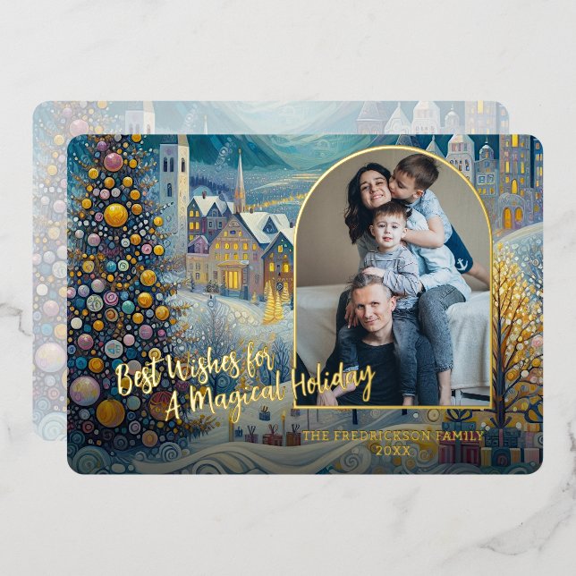 Festive Abstract Winter Wonderland Art Gold Foil Holiday Card (Front/Back)