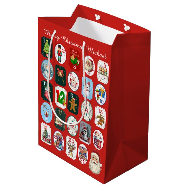 Festive Advent Calendar Red Medium Gift Bag (Back Angled)