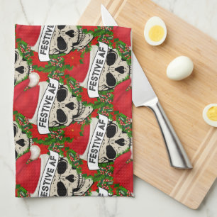 Festive AF Cool Skeleton In Santa Hat Kitchen Towel