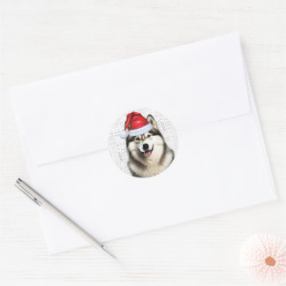 Festive Alaskan Malamute Woof Word Art Christmas Classic Round Sticker