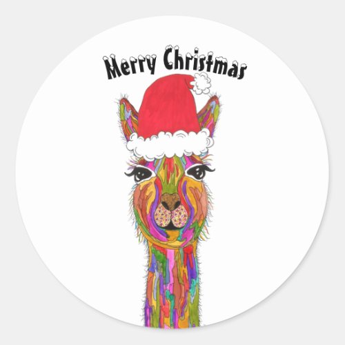 Festive and Colorful Llama Merry Christmas Classic Round Sticker