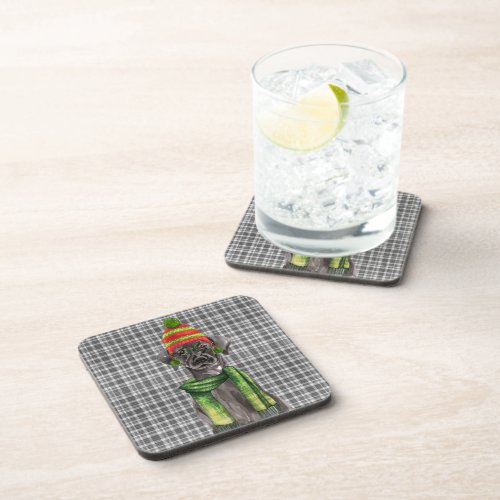 Festive and Cute Black Lab Woof Christmas Plaid Beverage Coaster