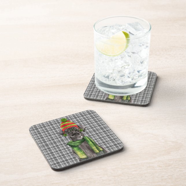 Festive and Cute Black Lab Woof Christmas Plaid Beverage Coaster (Right Side)