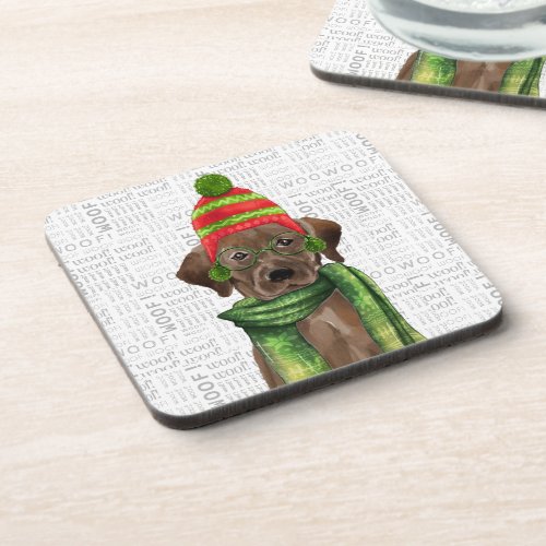 Festive and Cute Chocolate Lab Woof Christmas Beverage Coaster