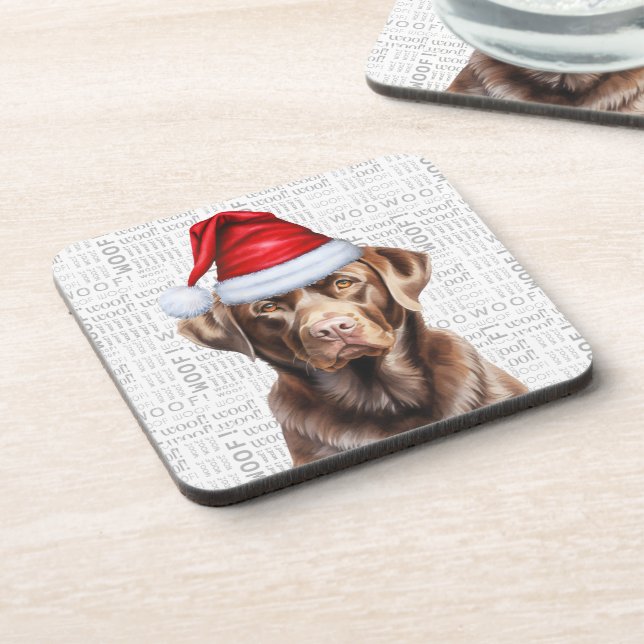 Festive and Cute Chocolate Lab Woof Christmas Beverage Coaster (Left Side)