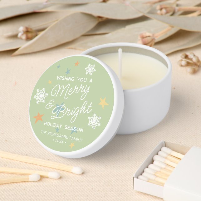 Festive And Elegant Sage Green Seasons Greetings Mini Candle Favors (Insitu)