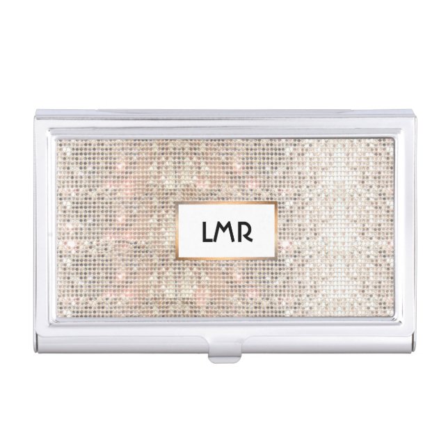 Festive and Fun Retro Silver Sequins Monogram Business Card Case (Front)