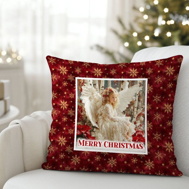 Festive Angel Poinsettia Red Gold Accent Christmas Throw Pillow (Festive Angel Poinsettia Red Gold Accent Christmas Pillow

)