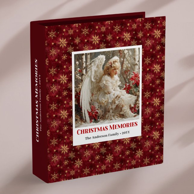Festive Angel Poinsettia Red Gold Editable Xmas 3 Ring Binder (Festive Angel Poinsettia Red Gold Editable Christmas Memory Album

)
