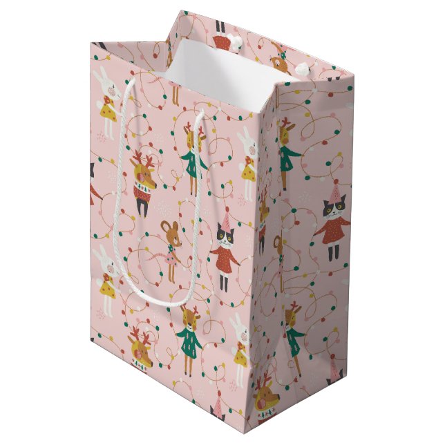 Festive Animal Friends Christmas Pattern Medium Gift Bag (Front Angled)
