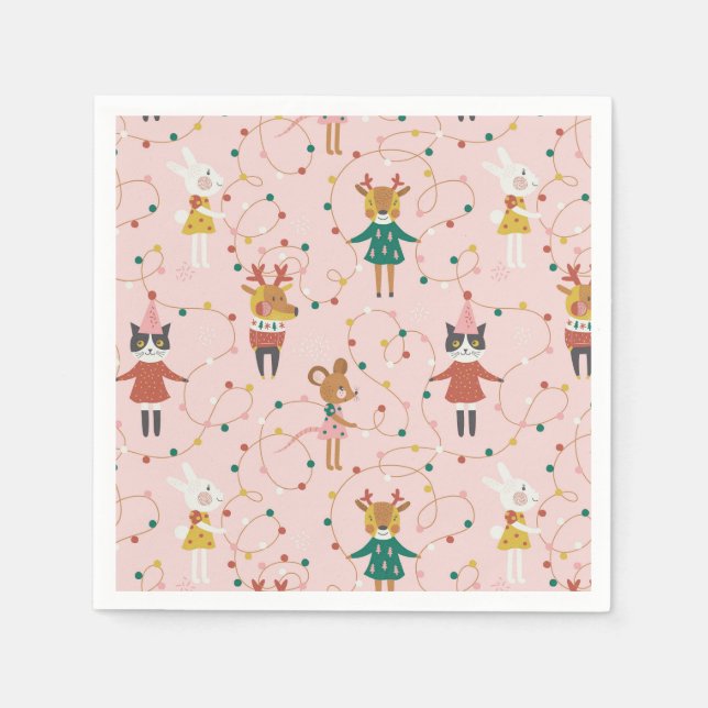 Festive Animal Friends Christmas Pattern Napkins (Front)