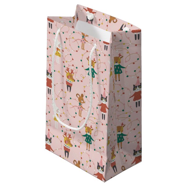 Festive Animal Friends Christmas Pattern Small Gift Bag (Front Angled)