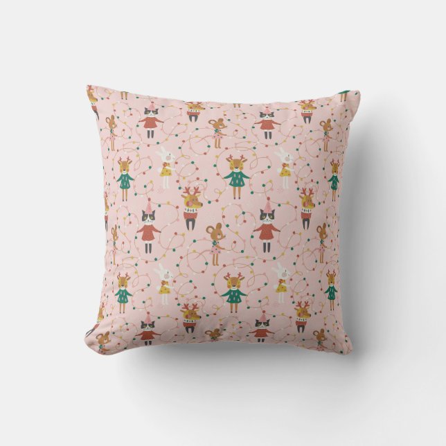 Festive Animal Friends Christmas Pattern Throw Pillow (Front)