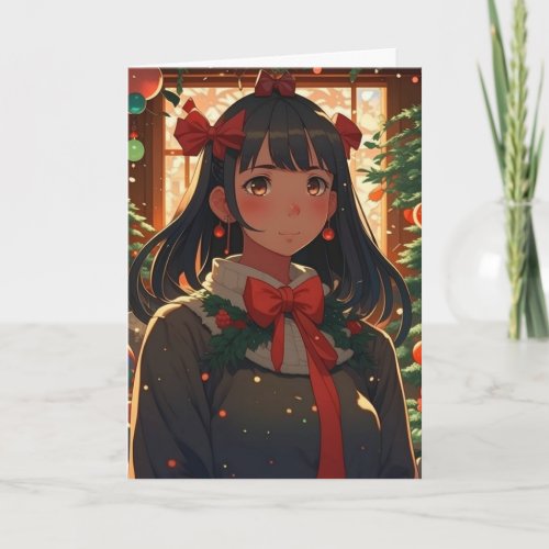 Festive Anime Girl on Christmas Night Card