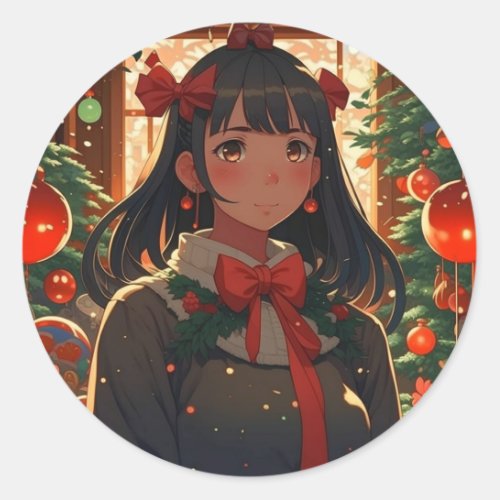 Festive Anime Girl on Christmas Night Classic Round Sticker