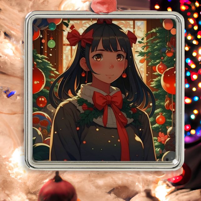 Festive Anime Girl on Christmas Night Metal Ornament (Creator Uploaded)