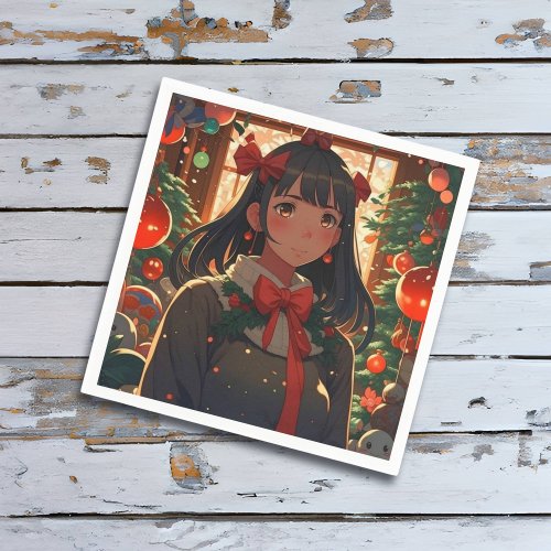 Festive Anime Girl on Christmas Night Napkins