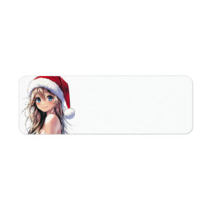 Festive Anime Girl Santa Hat with Bright Blue Eyes Label
