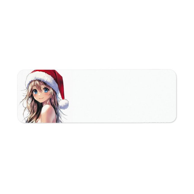Festive Anime Girl Santa Hat with Bright Blue Eyes Label (Front)