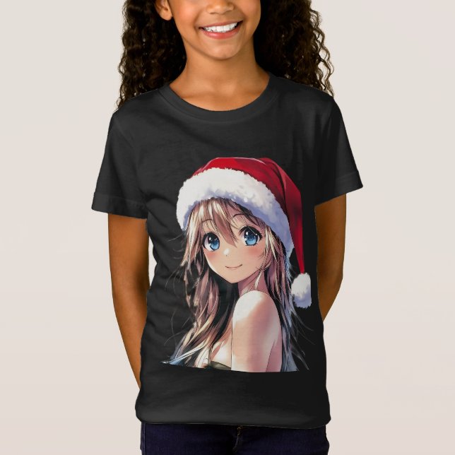 Festive Anime Girl Santa Hat with Bright Blue Eyes T-Shirt (Front)