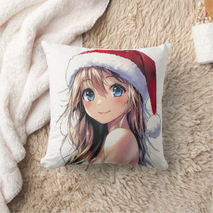 Festive Anime Girl Santa Hat with Bright Blue Eyes Throw Pillow