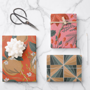 Festive Apple Poinsetta Holiday Gem Tone  Wrapping Paper Sheets