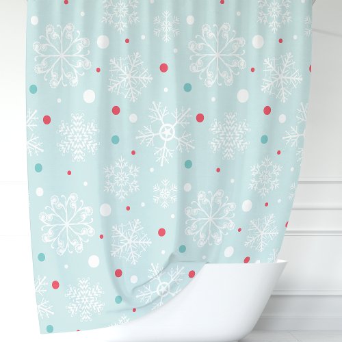 Festive Aqua Blue Snowflake &Amp;Amp; Polka Dot Shower Curtain