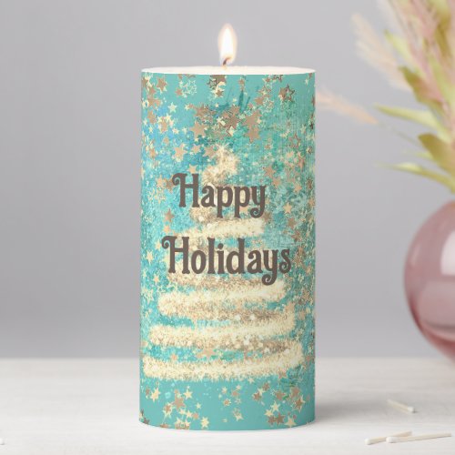 Festive Aqua Gold Sparkly Christmas Tree  Pillar Candle